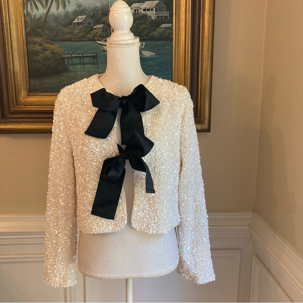 COMMENSE Cream Sequin Black Ribbon Bow Cardigan Jacket NWT - Picture 15 of 16